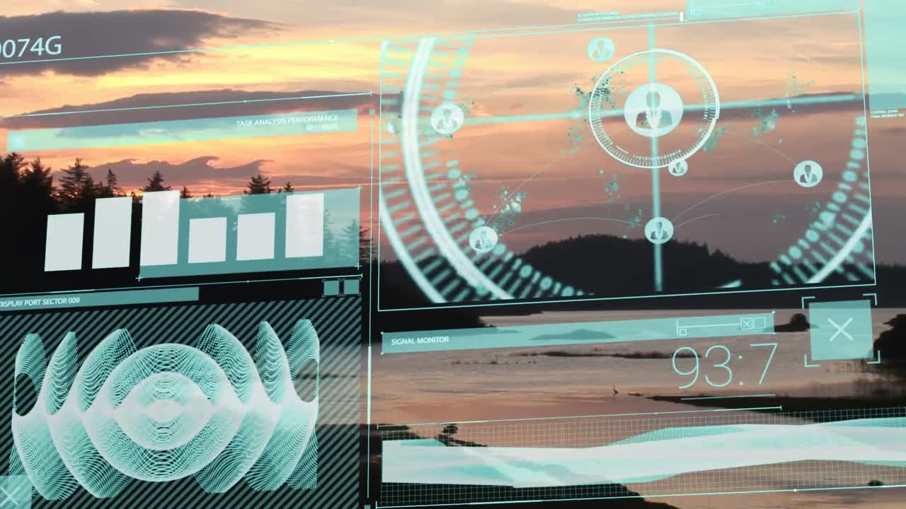 animación de la interfaz gráfica infográfica que se mueve sobre la vista panorámica del mar y las montañas al atardecer
