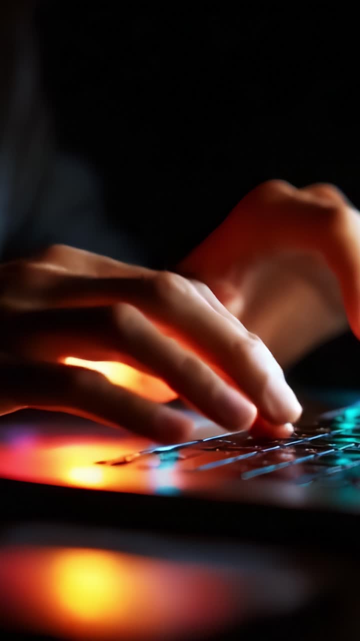 Mani che digitano su una tastiera retroilluminata in un ambiente buio, illuminando i tasti con colori vivaci, creando un'esperienza visiva coinvolgente della tecnologia