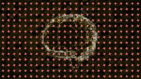 animación de un cerebro digital giratorio sobre una cuadrícula de cruces rosadas que giran sobre un fondo negro