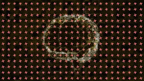 animation of rotating digital brain over grid of pink crosses turning on black background