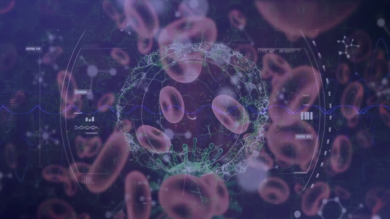 Animation of virus, blood cells, circles, human brains with nucleotides against abstract background