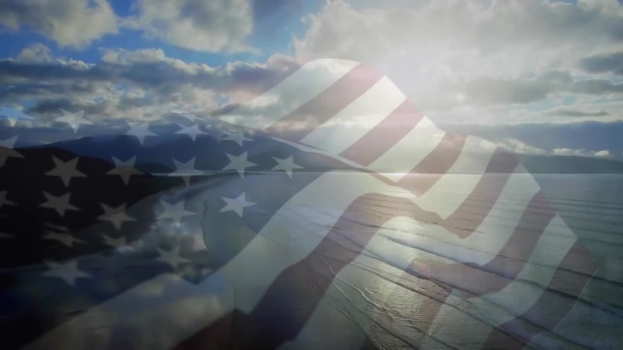 animación de la bandera de los estados unidos ondeando sobre el paisaje de la playa