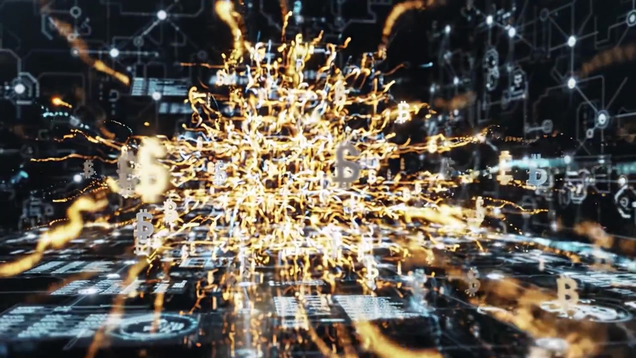En dynamisk transformation: Fra strålende lysspor til eksplosiv energi, der fanger den digitale valutas udvikling på en unik visuel rejse