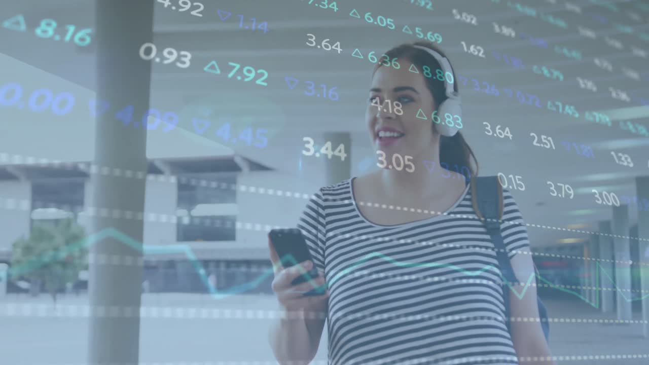 animación de un tablero de comercio sobre una mujer caucásica cantando una canción y usando auriculares