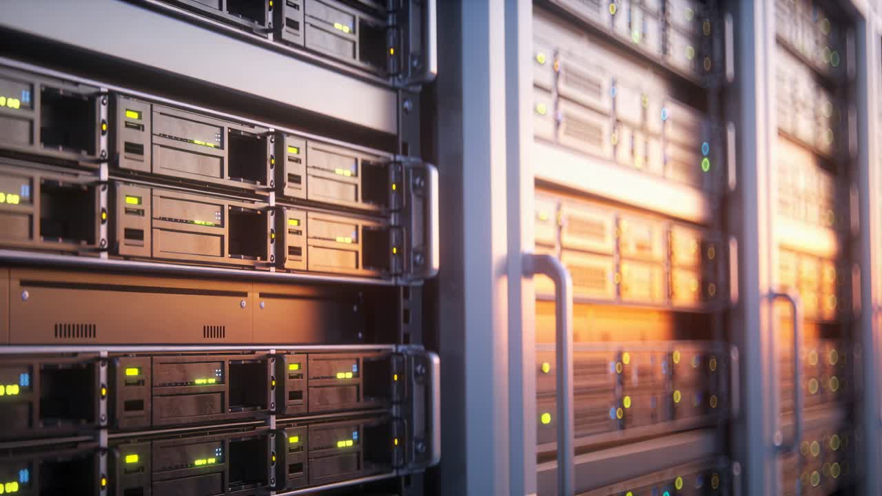 Panning camera revealing server rack at data center, showing status LEDs and drive bays, copy space
