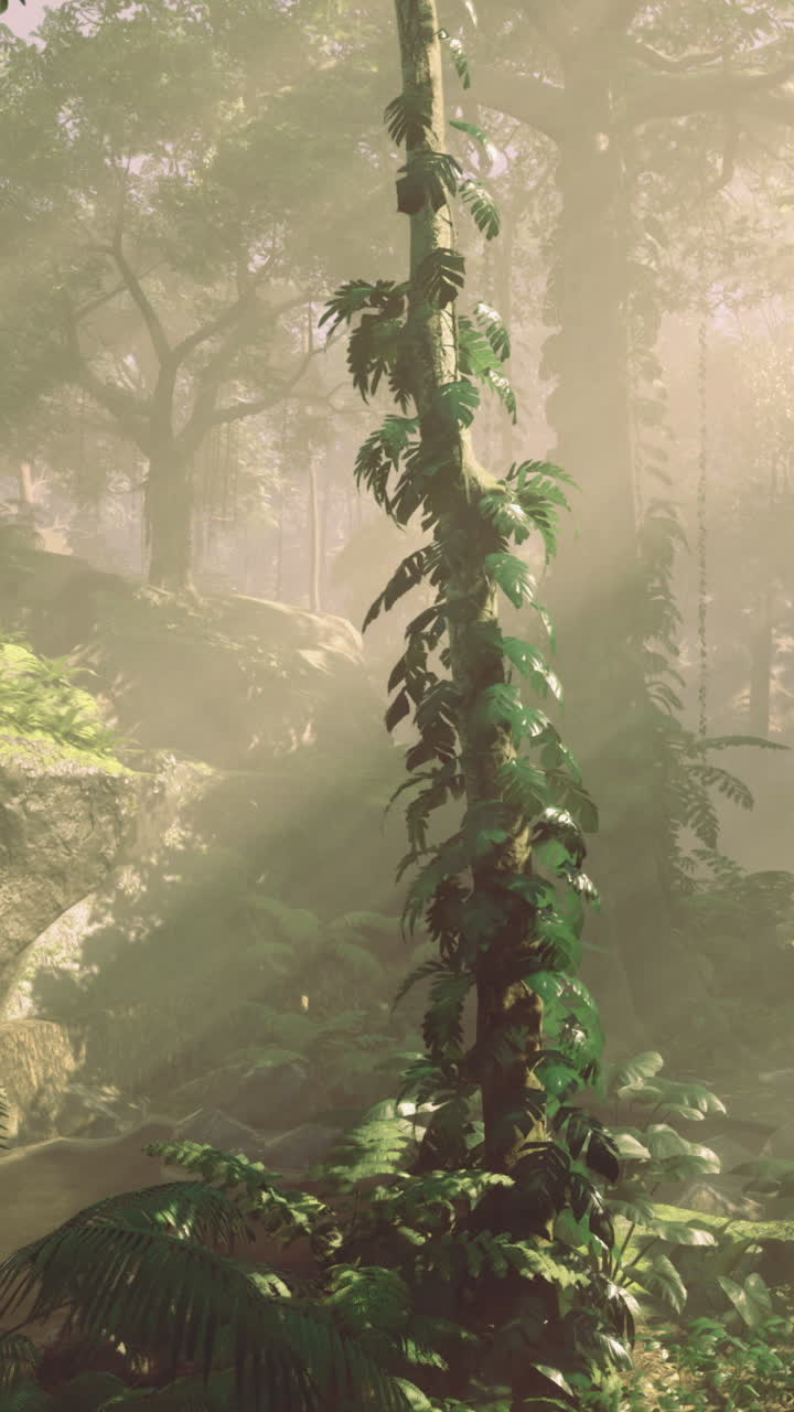 Dense forest with sunlight filtering through trees in a tranquil environment