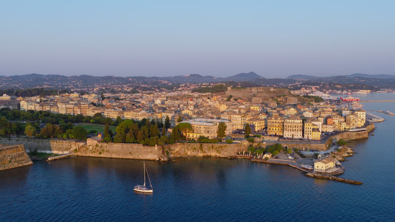 Aerial view of Corfu Old Town at sunrise, Greece, mediterranean luxury travel and culture