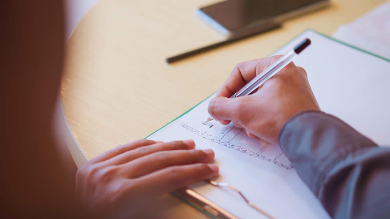 Over-the-shoulder view of man sketching architectural drawing labeled hotel on white paper clipped to board, emphasizing concept development, creative planning, and detailed technical illustration work