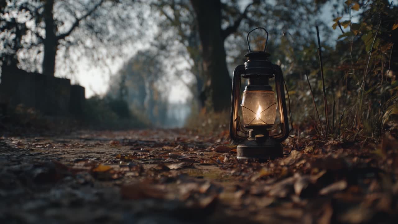 A Mesmerizing Glimpse of Serenity: An Illuminated Lantern on a Leaf-Strewn Pathway in the Tranquil Woodlands, Capturing the Essence of Peaceful Nature