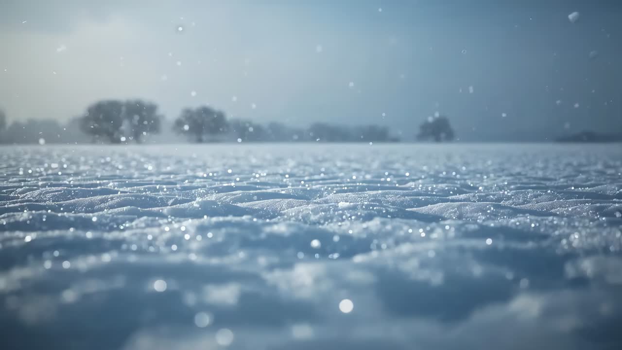 Showing close-up snow surface in field shifting focus with light snowfall starting, conveying calm