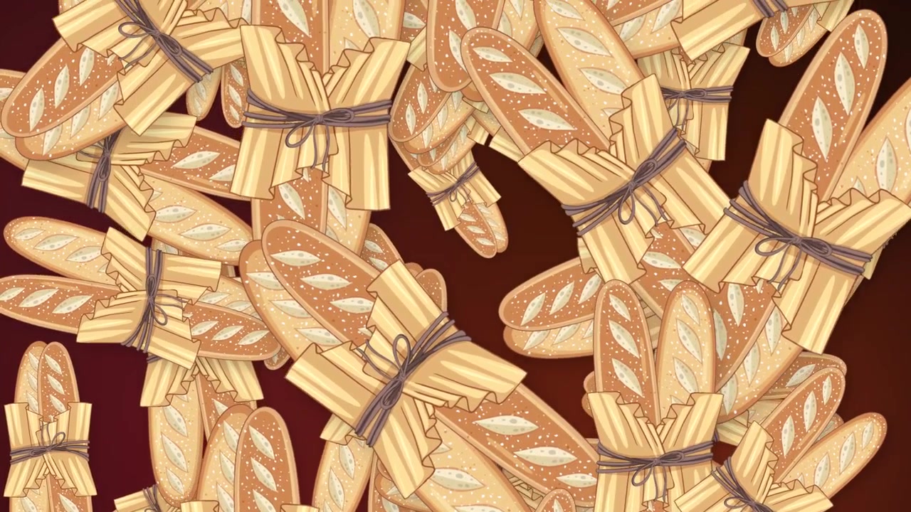Fasci stilizzati di baguette a cartone animato cadono verticalmente su uno sfondo sfumato rosso scuro in un loop continuo.