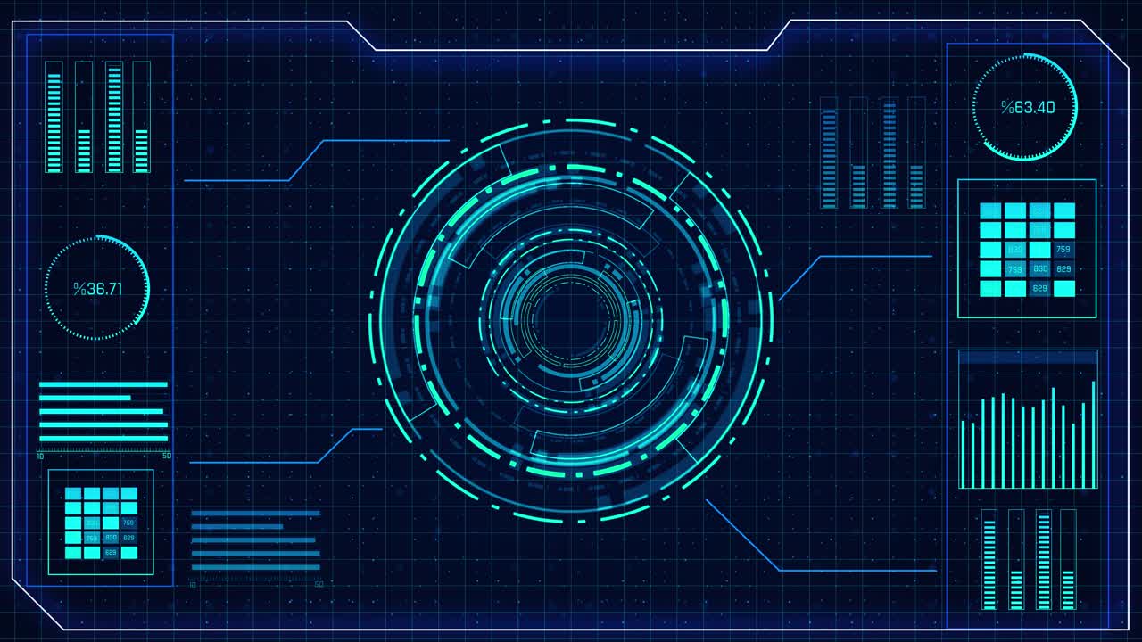 Hightech rotating hud animation futuristic charts graphs digital meters advanced circular elements