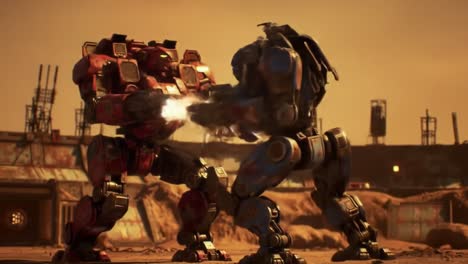 an epic clash of titans: two mighty mechs engage in a battle amidst a deserted landscape, showcasing advanced robotics and unyielding power in a futuristic showdown