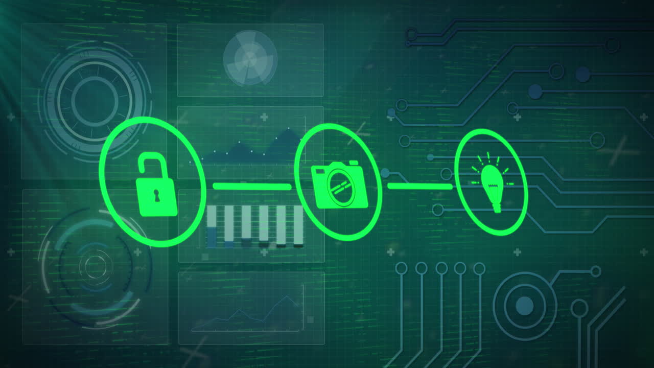 Animation of network of digital icons against interface with data processing on green background