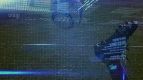 manchas azules de luz contra un jugador de fútbol afroamericano que realiza un ejercicio de elevación de piernas