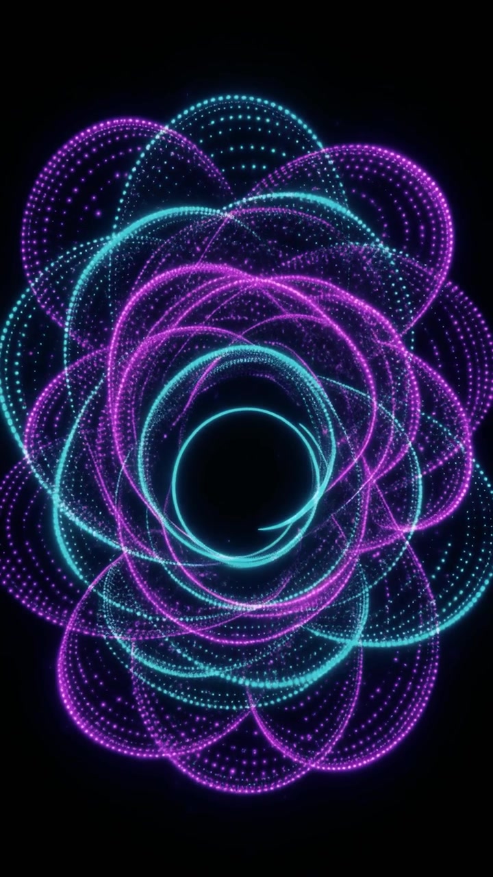Patrón geométrico abstracto giratorio de partículas de neón brillantes
