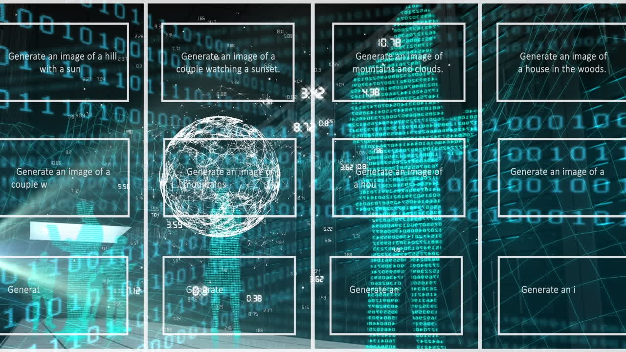 Animation of artificial intelligence text and binary coding with data processing