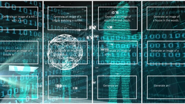 Animation of artificial intelligence text and binary coding with data processing