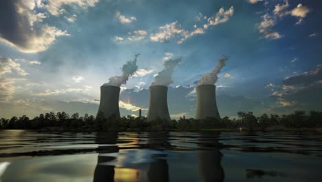 steaming cooling towers of nuclear power plant