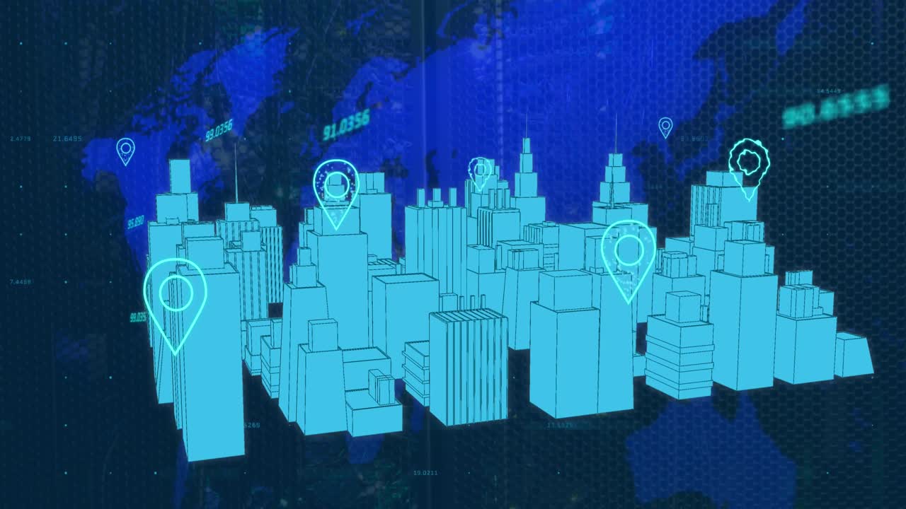 Animation of digital city over world map with data processing on black background