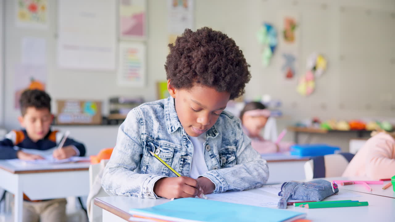 Smile, education and writing with boy in classroom