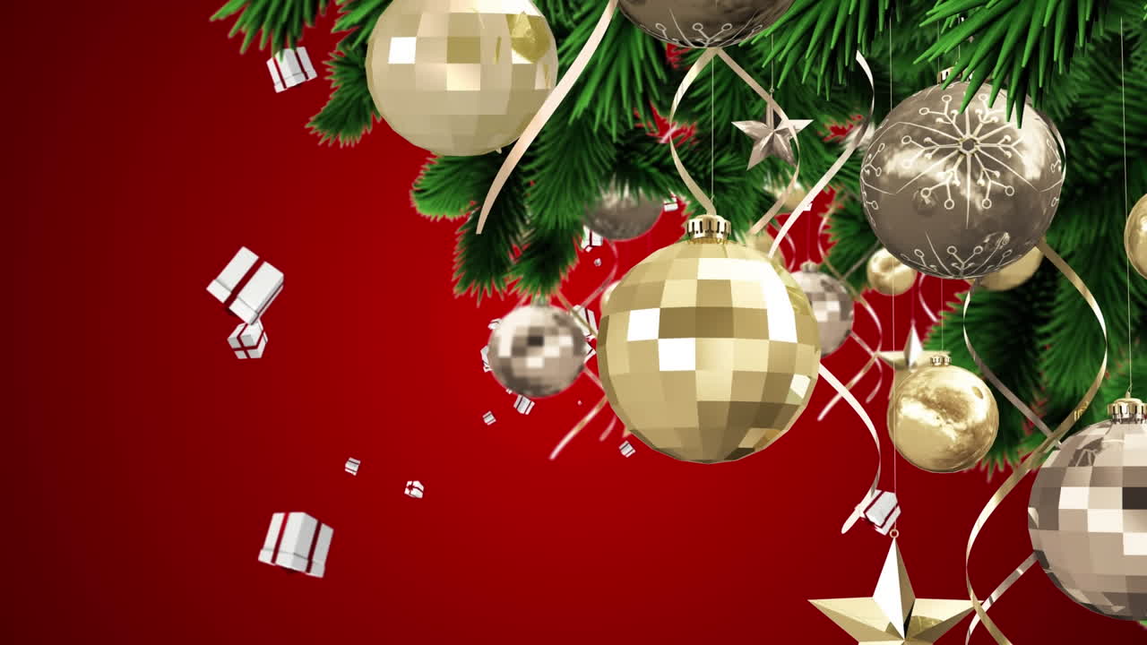 decoraciones de navidad colgando en el árbol de navidad contra iconos de regalos flotando contra un fondo rojo