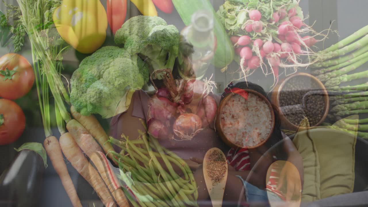 Mom and daughter sharing salad with cross-fading vegetable overlay tasting seeds promoting health
