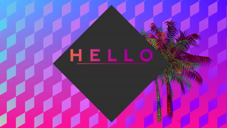 animación del texto de saludo sobre una palmera sobre un fondo azul y rosa