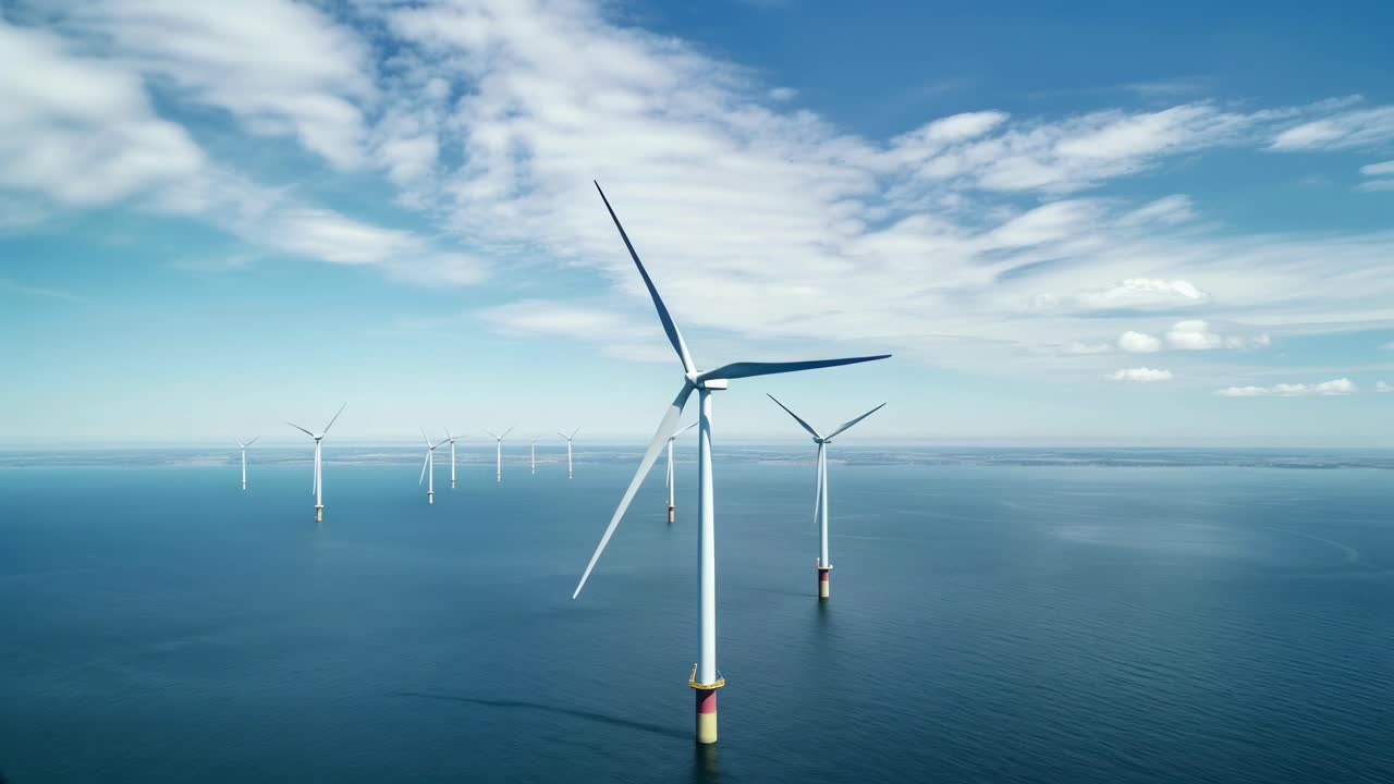 Aerial video shot of offshore wind turbines against a clear blue sky, showcasing renewable energy