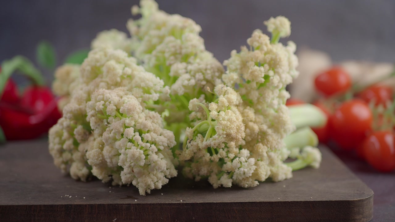 Fresh Cauliflower Florets on a Cutting Board with Vegetables