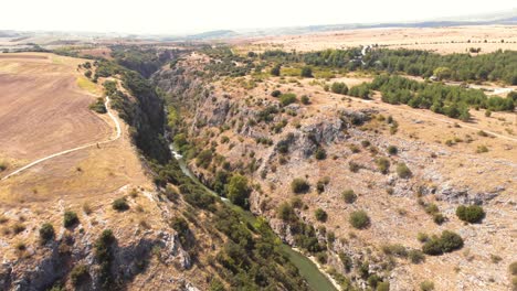 Faraggi-Aggiti,-Serres-Greece,-Agitis-Canyon-Gorge-with-River-Aerial-Panning-Shot