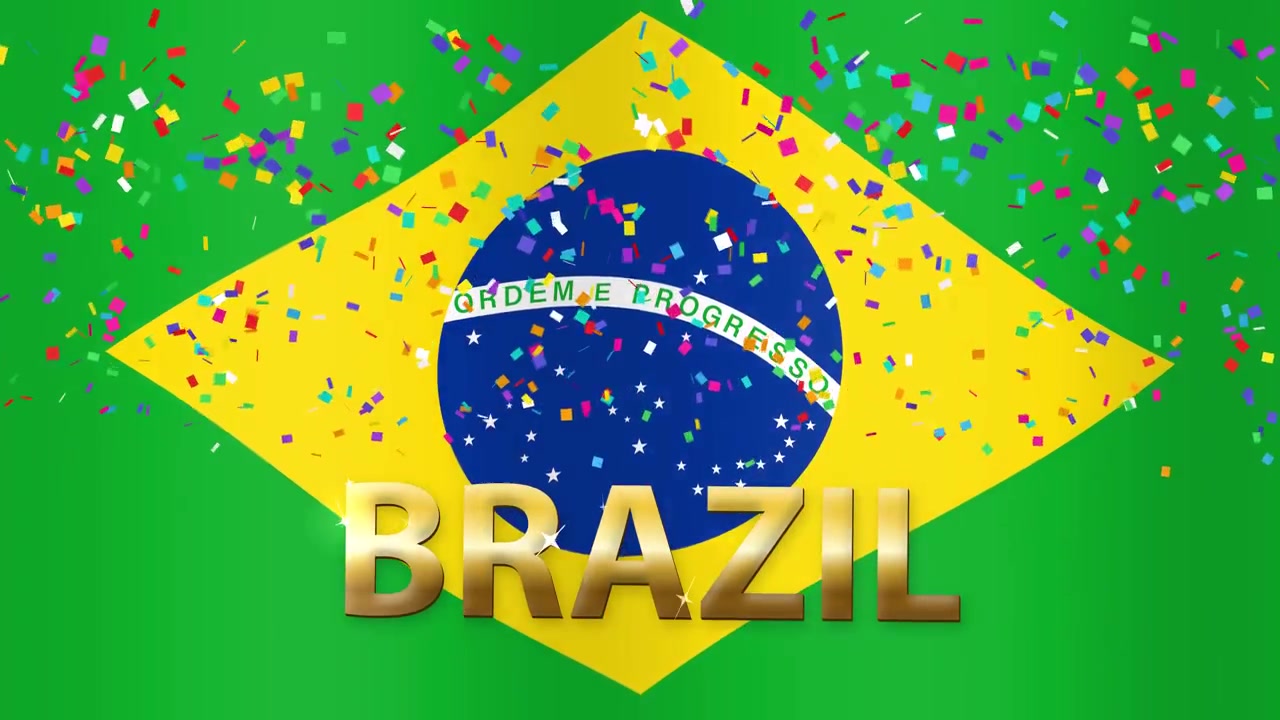 Bandeira Brasileira com Celebração de Confetes e Texto Dourado