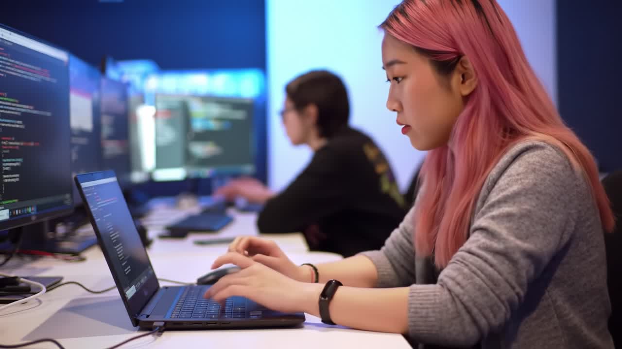 Focused Programmer with Pink Hair Coding at a Computer Station Surrounded by Multiple Monitors in a Modern Collaborative Workspace Environment