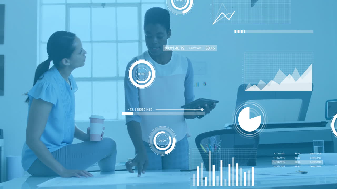 Animation of financial data processing over diverse colleagues discussing work in office