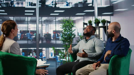 vertical video business professionals in an office meeting for research and insights