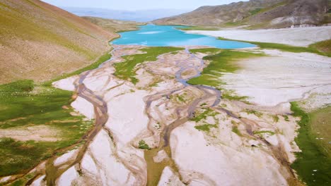 drone flying over valley with turquoise blue lake in the distance