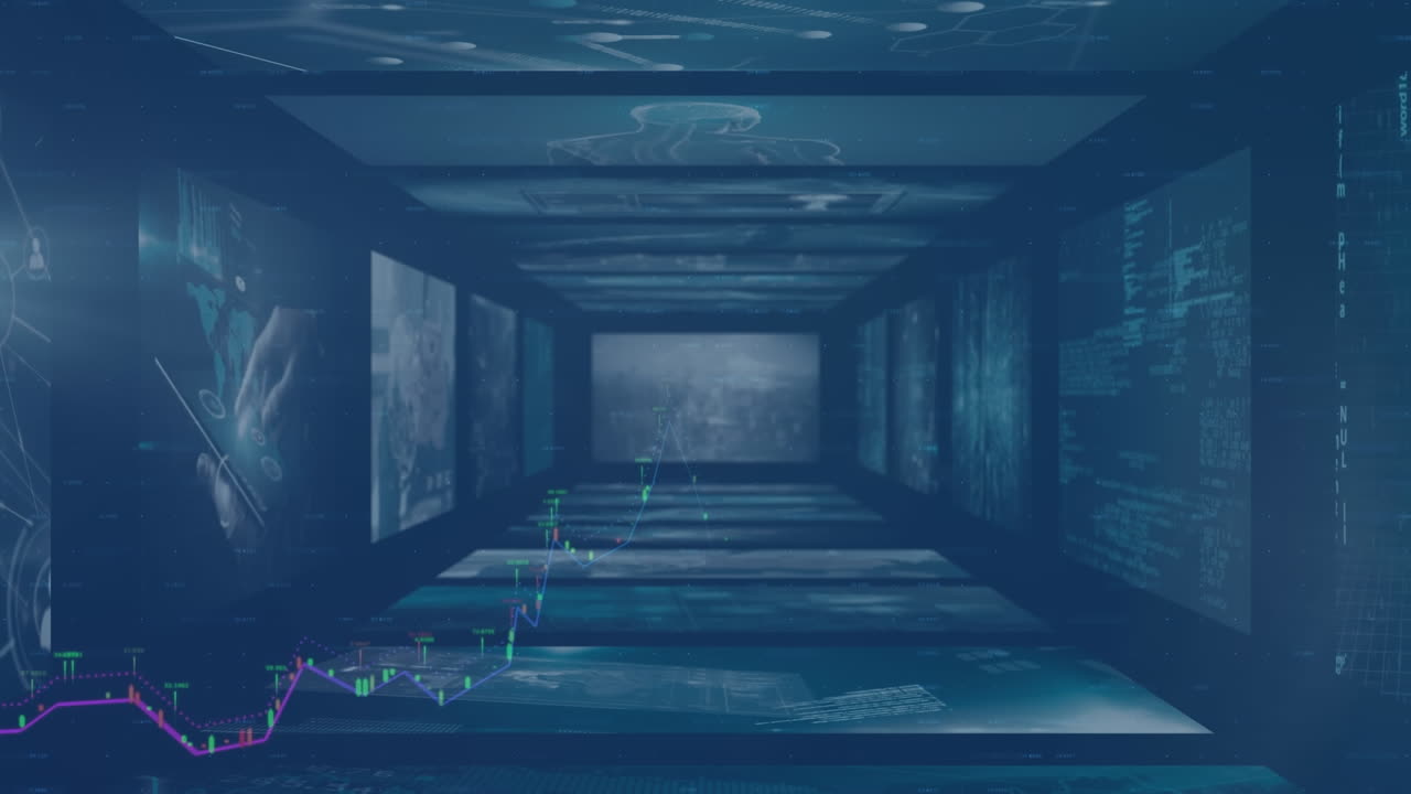 animación del procesamiento de datos financieros en pantallas