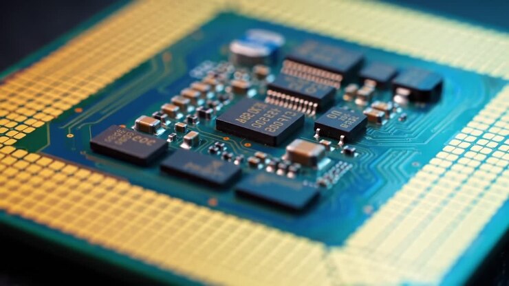 Primo piano dettagliato di un chip per processore di computer che mostra vari circuiti integrati e connessioni su uno sfondo colorato di un circuito stampato