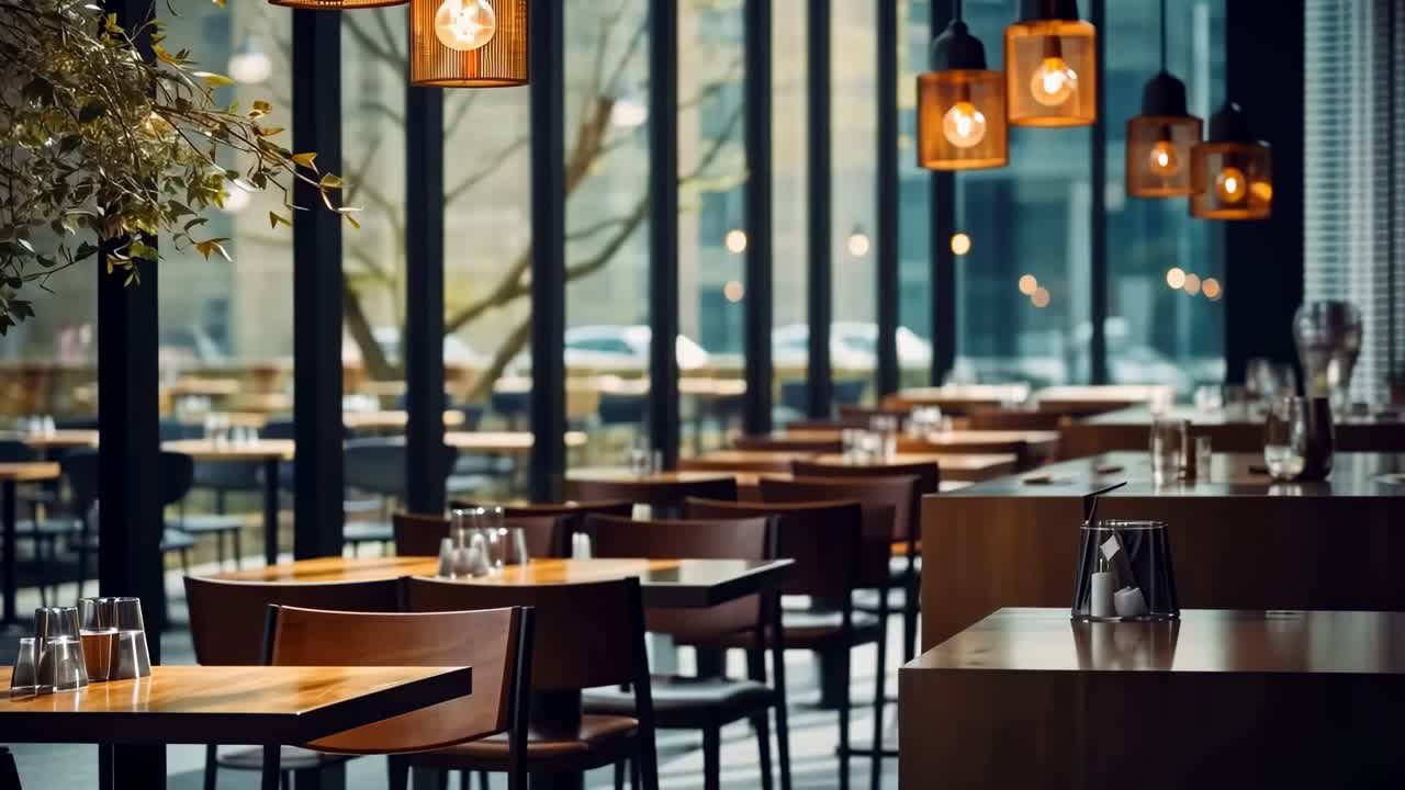 Modern cafe interior with warm lighting and wooden decor. Captured from a low angle, creating a cozy