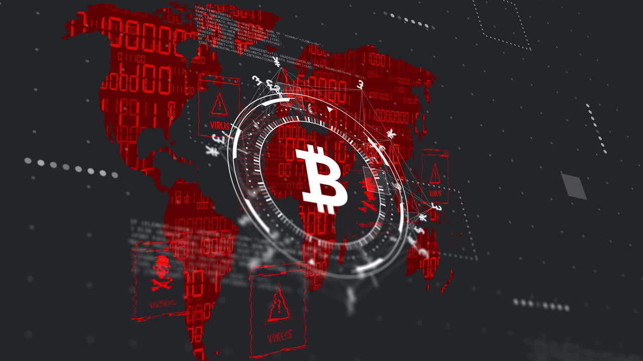 animación del procesamiento de datos financieros sobre el símbolo de bitcoin y el mapa del mundo
