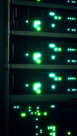 close-up of server rack with green lights