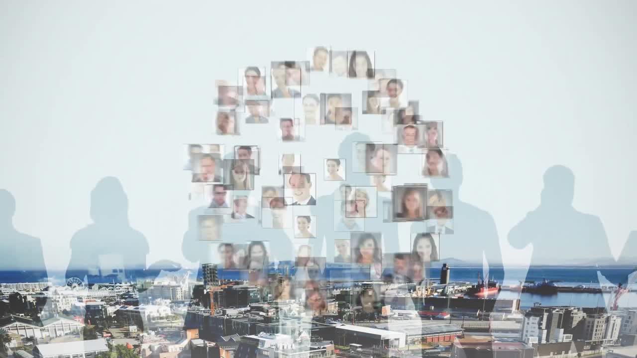 Animation of globe with people's photographs over cityscape background