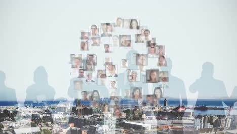 animation of globe with people's photographs over cityscape background