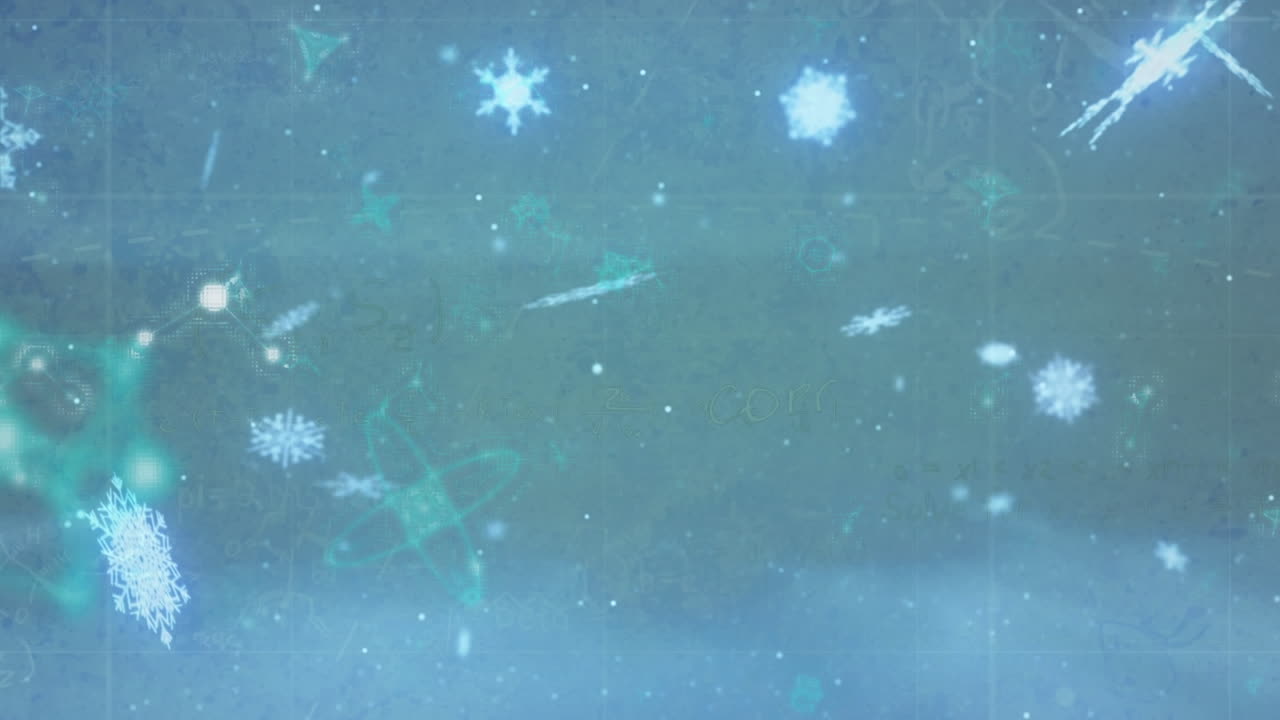 파란 공간에서 떠다니는 눈송이와 분자의 애니메이션