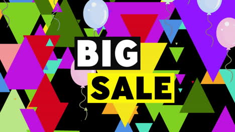 animación de texto de gran venta sobre triángulos y globos de colores sobre fondo negro