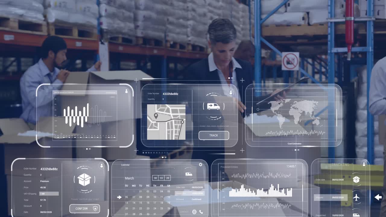 animación del procesamiento de datos en pantallas sobre diversas personas que trabajan en el almacén