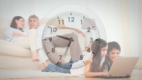 animation of a caucasian family talking and using a laptop over a clock moving