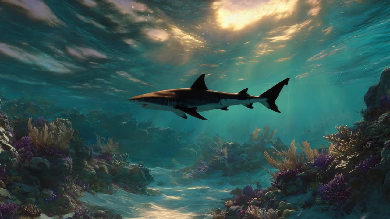 A mesmerizing underwater scene showcasing the elegance of sharks gracefully swimming through vibrant coral reefs illuminated by sunlit rays filtering from above