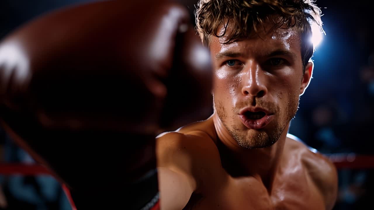 Intenso pugile esprime determinazione e concentrazione in scene dinamiche di un incontro competitivo, mostrando emozione e atletismo in un ambiente di match di boxe.
