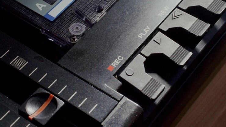 Finger Pressing Record Key on Vintage Audio Cassette Tape Player